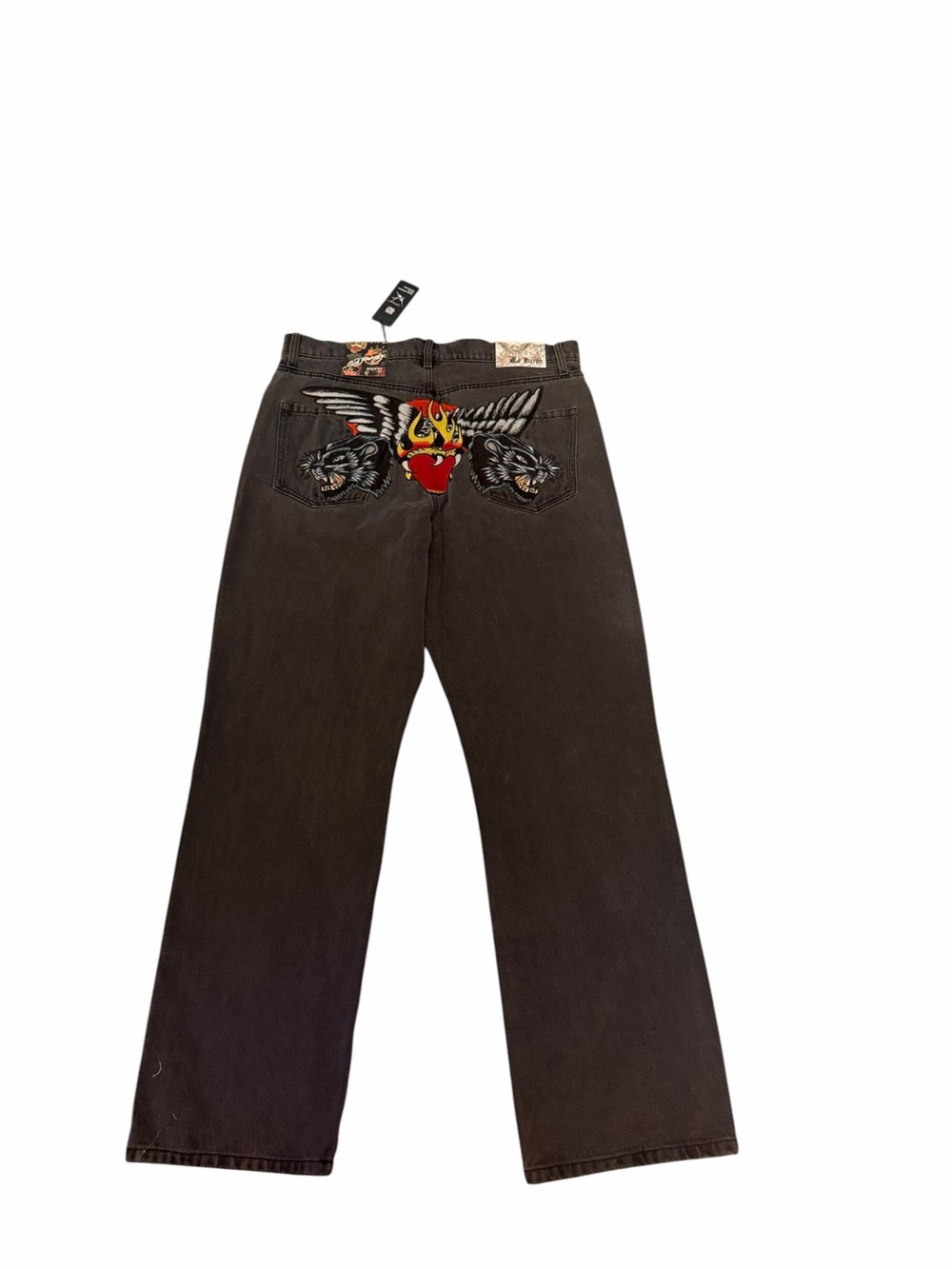 Ed Hardy Black Loose Fit Jeans with Embroidered Winged Heart